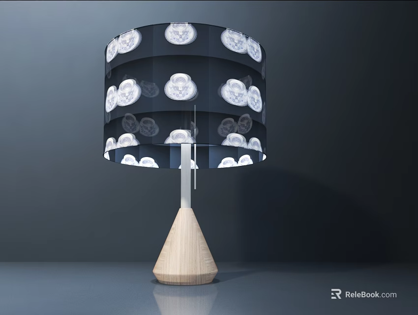 Modern Table Lamp with Black Lampshade Featuring White Circular Patterns and Wooden Cone Base 3d model