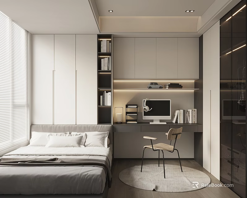 Modern Tatami Bedroom Interior With Bed Desk Chair And Built In Bookshelf Cabinets 3d model 