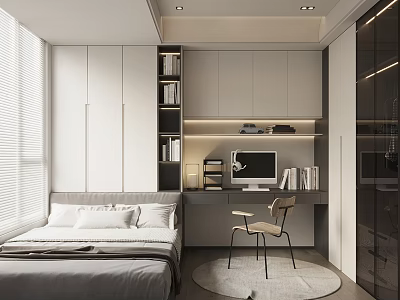 Modern Tatami Bedroom Interior With Bed Desk Chair And Built In Bookshelf Cabinets 3d model