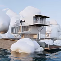 Modern White Detached Villa On Water With Terrace And Cloud Like Decorations
