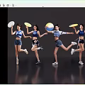 Energetic Women Jumping Holding Colorful Frisbees In Sportswear On Dark Reflective Floor 3d model