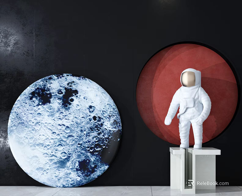 Decorative Ornament Set With Moon Pattern Circular Decor Red Background Astronaut Figurine On White Pedestal 3d model 