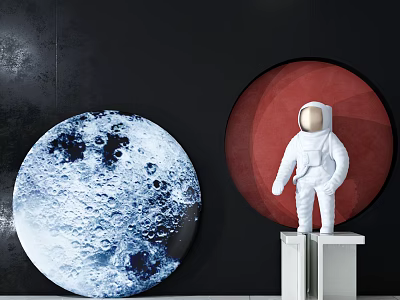 Decorative Ornament Set With Moon Pattern Circular Decor Red Background Astronaut Figurine On White Pedestal 3d model