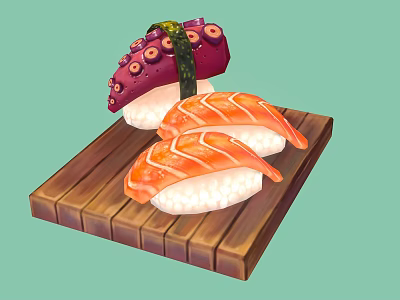 Fresh Traditional Sushi Platter Featuring Octopus And Crab Sushi On Wooden Tray 3d model