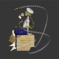 Cartoon Character Sitting On Box Wearing White Hat Holding Dessert With Chain And Key