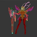Red Insect Inspired Mechanical Character with Winged Armor and Mechanical Staff Design 3d model