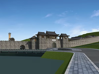 Ancient Architecture With City Wall Traditional Gate Tower And Scenic Waterfront Green Lawn 3d model