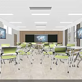 School Bright Classroom With Green Chairs White Wheeled Tables Large TVs Maps And Big Windows