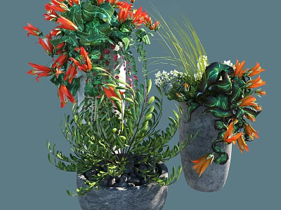 Various Potted Plants With Red Flowers Green Leaves And Orange Blooms In Gray Pots 3d model