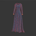 Elegant Blue Long Sleeve Dress with Yellow Cuffs and Flowing Silhouette