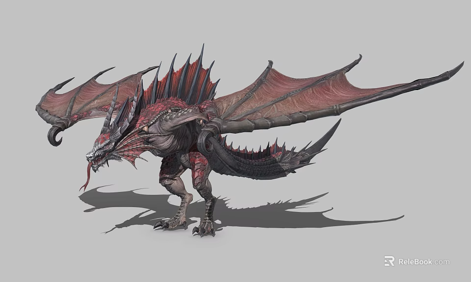Fantasy Mythical Dragon With Red Black Wings And Spiked Body In 3D Art 3d model 