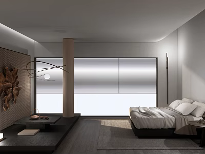 Modern Hotel Room With Comfortable Bed Wooden Blinds And Minimalist Design 3d model