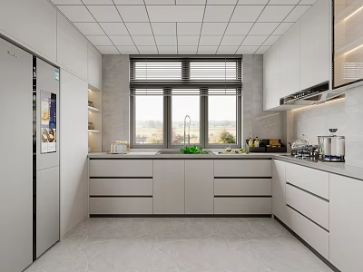 Modern White Kitchen Interior Design With Cabinets Refrigerator Sink And Window 3d model