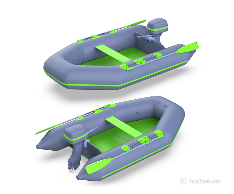 Gray And Green Inflatable Boat Design With Paddles Seats And Green Accents 3d model 