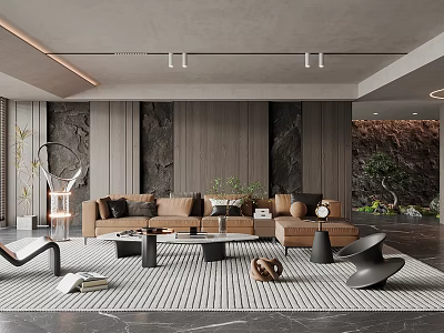 Modern Living Room Interior Design With Brown Sofa Coffee Table And Decorative Wall Plants 3d model