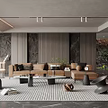 Modern Living Room Interior Design With Brown Sofa Coffee Table And Decorative Wall Plants