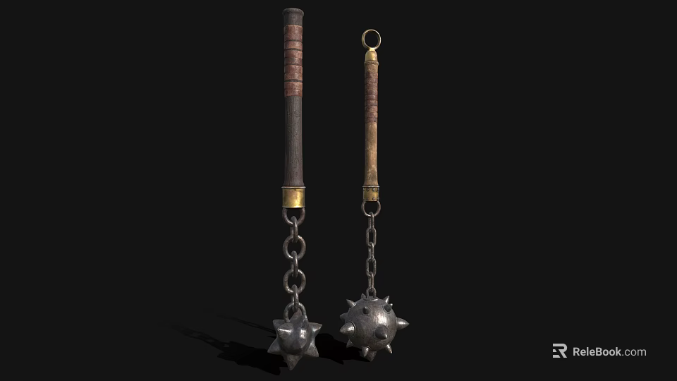 Medieval Spiked Flail Weapon With Wooden Handle And Metal Chain Design 3d model 