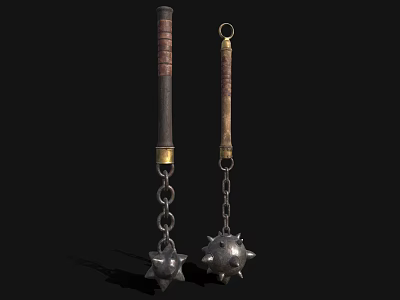 Medieval Spiked Flail Weapon With Wooden Handle And Metal Chain Design 3d model