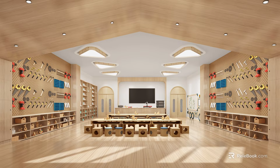 Bright Wooden Kindergarten Interior With Spacious Hall Bookshelves Tables TV Screen And Wall Decorations 3d model 