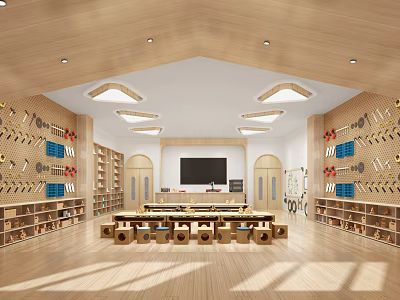 Bright Wooden Kindergarten Interior With Spacious Hall Bookshelves Tables TV Screen And Wall Decorations 3d model