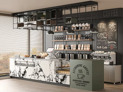 Modern Cafe Interior With Marble Counter Chalkboard Menu Coffee Machines And Bean Display Shelves 3d model