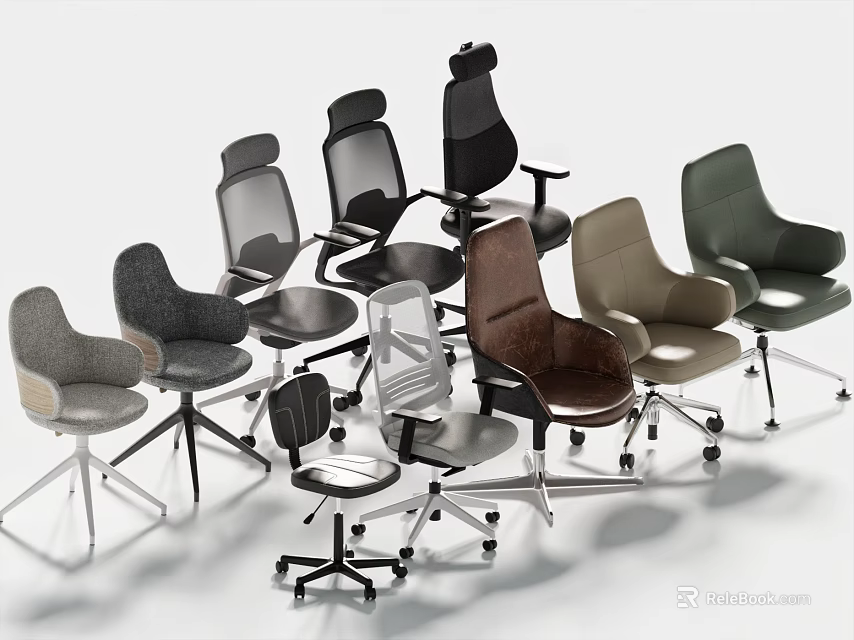 Modern Office Chairs With Various Styles Different Colors Adjustable Backrests And Casters 3d model 