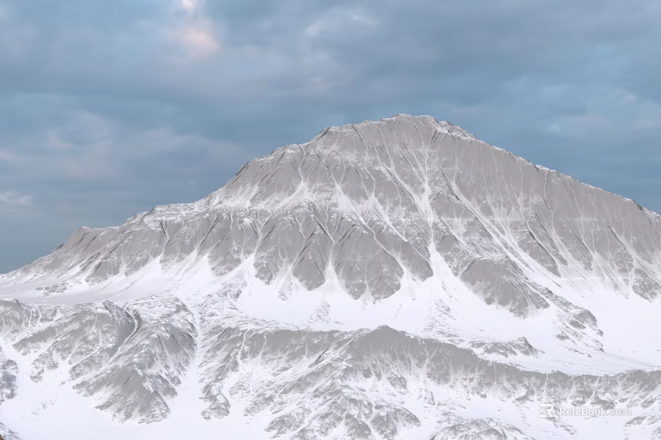 Snowy Mountain Landscape With Majestic Peak And Snow Covered Slopes Under Cloudy Sky 3d model 