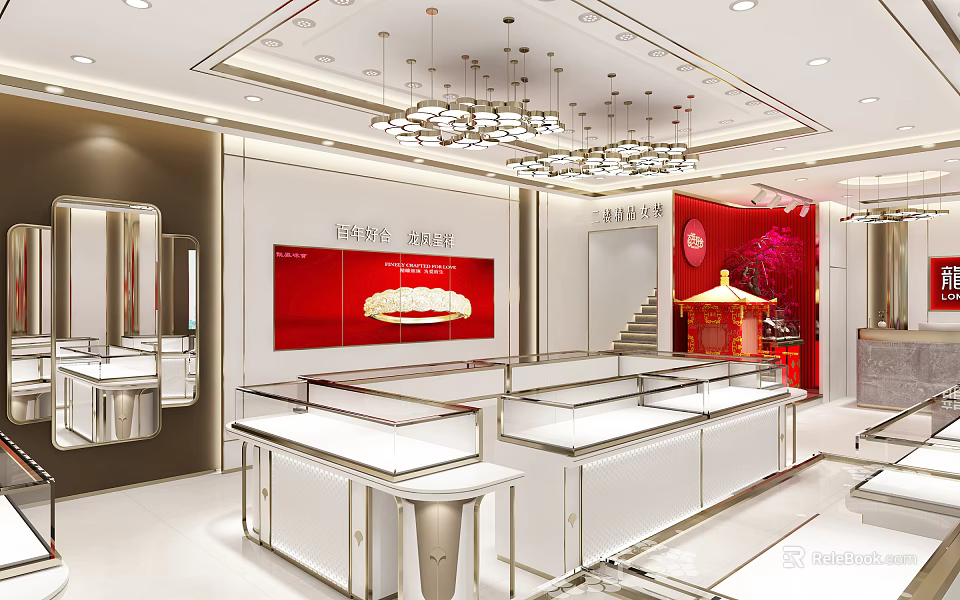 Elegant Jewelry Store Interior With Glass Display Cases And Chandeliers 3d model 