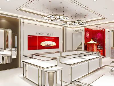 Elegant Jewelry Store Interior With Glass Display Cases And Chandeliers 3d model