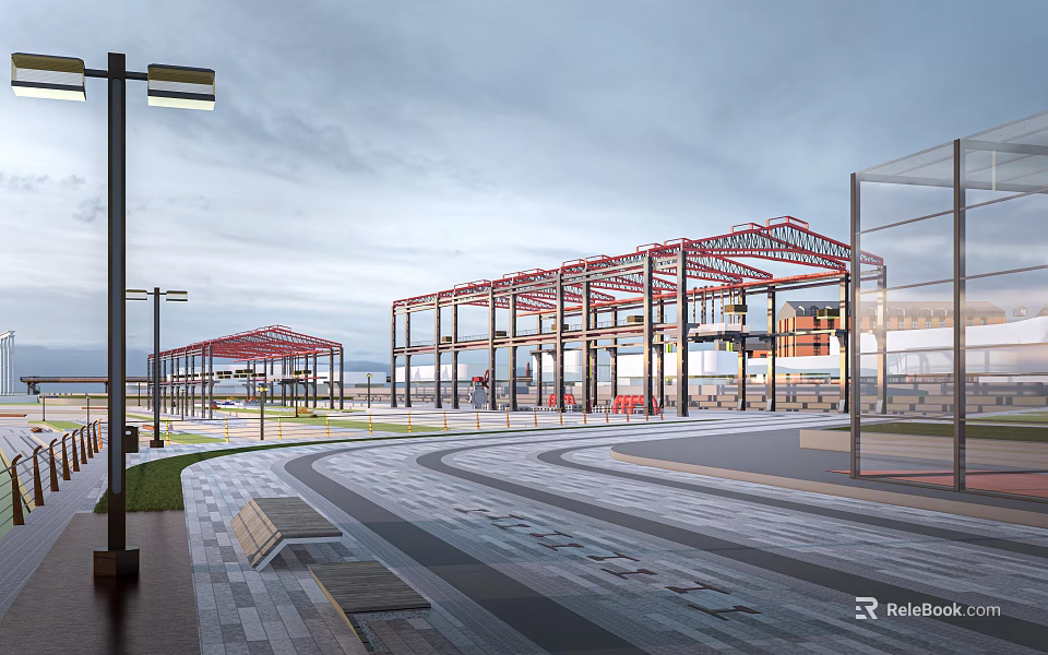 Park Landscape with Curved Paved Pathway Benches Lamp Posts and Red Steel Structures 3d model 