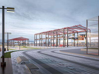 Park Landscape with Curved Paved Pathway Benches Lamp Posts and Red Steel Structures 3d model