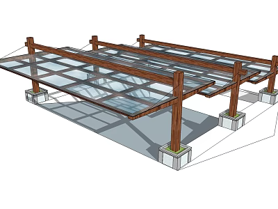 Garden Landscape Wooden Frame Structure With Glass Roof Supporting Columns And Pedestals 3d model