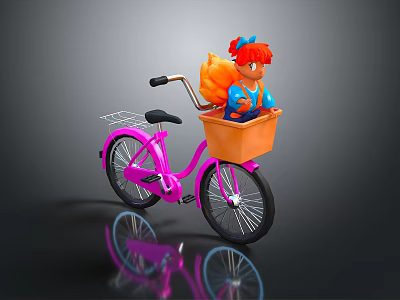 Cute Pink Bicycle With Front Basket Carrying Red Haired Cartoon Character And Squirrel 3d model