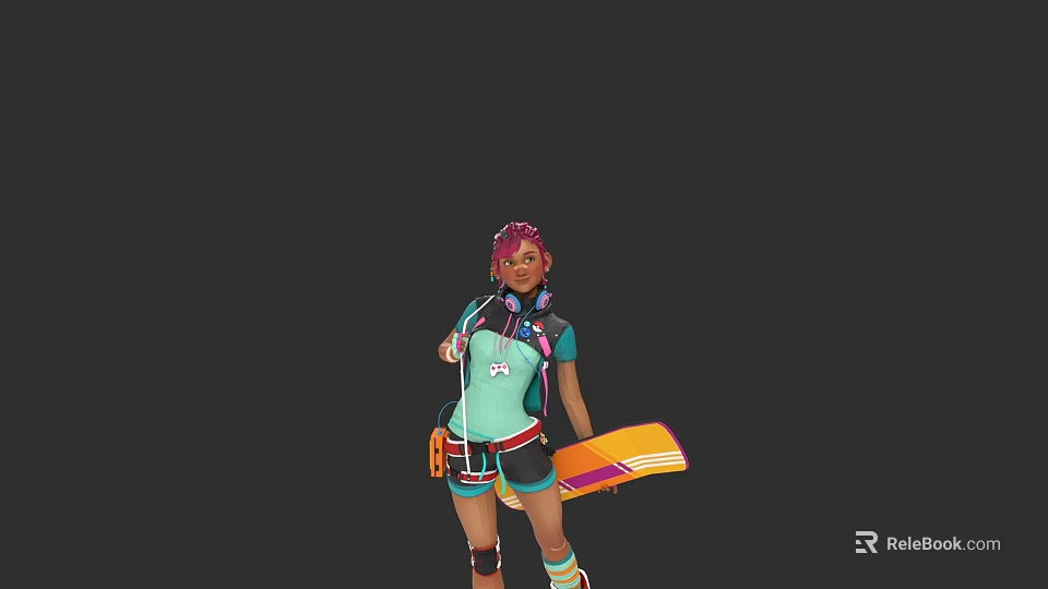 Game Movie Character With Pink Hair Turquoise Outfit Headphones And Colorful Board 3d model 