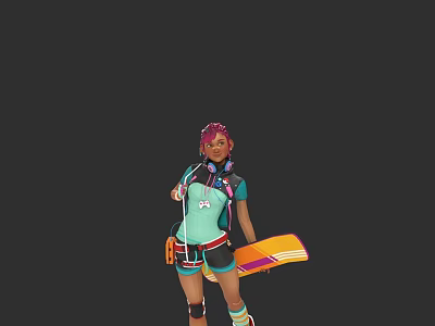 Game Movie Character With Pink Hair Turquoise Outfit Headphones And Colorful Board 3d model