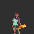 Game Movie Character With Pink Hair Turquoise Outfit Headphones And Colorful Board
