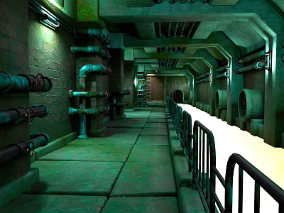 Cartoon Style Underground Tunnel Featuring Brick Walls Metal Pipes Railings And Greenish Lighting 3d model