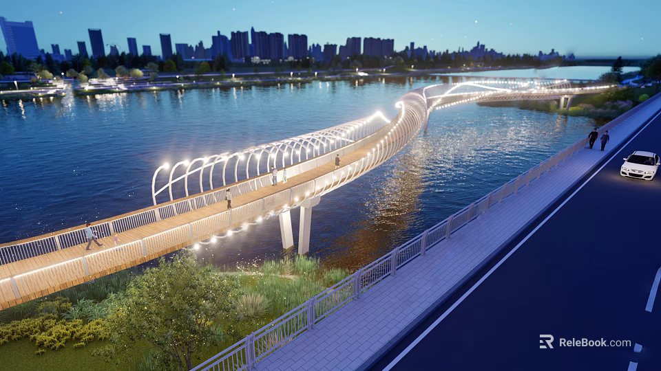 Curved Illuminated Landscape Bridge Over Water With Urban Skyline And Lush Greenery 3d model 