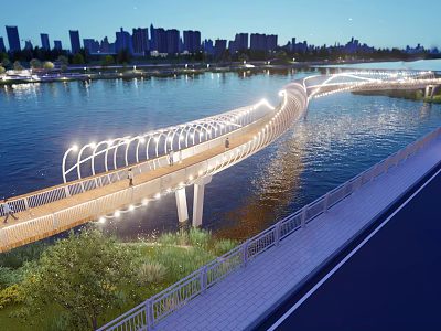 Curved Illuminated Landscape Bridge Over Water With Urban Skyline And Lush Greenery 3d model