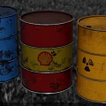 Rusted Industrial Metal Drums In Blue Red And Yellow With Shell And Radiation Symbols