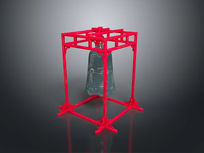 Artistic Sculpture Carving With Red Frame Structure And Bronze Bell Design 3d model
