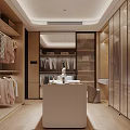 Modern Walk in Closet Interior With Wooden Cabinets Hanging Clothes And Central Vanity