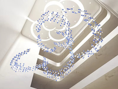 Modern Artistic Chandelier With Blue Crystal Elements And Spiral Design On White Ceiling 3d model