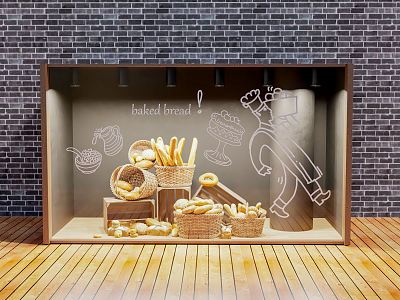 Modern Window Advertising Window Display Cabinet Food Window Wooden Box Bamboo Basket Food Basket Baguette Bread model