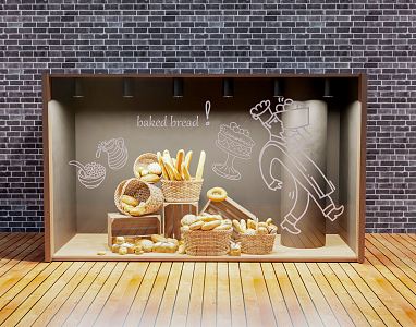 Modern Window Advertising Window Display Cabinet Food Window Wooden Box Bamboo Basket Food Basket Baguette Bread 3d model