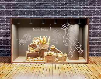 Modern Window Advertising Window Display Cabinet Food Window Wooden Box Bamboo Basket Food Basket Baguette Bread 3d model