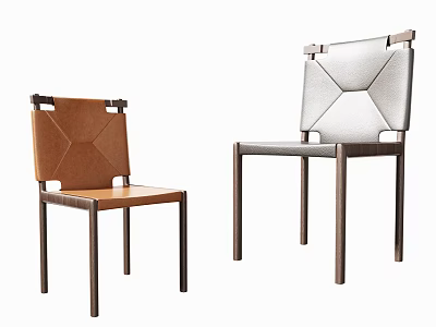 Modern Dining Chairs Leather Upholstered Brown and Light Gray Geometric Stitched Backrest Dark Frame 3d model