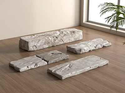 Natural Stone Slabs Arranged On Wooden Floor In Bright Indoor Space With Green Plant 3d model