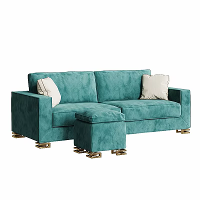 Teal Velvet Two Seater Sofa With Ottoman Pillows And Metal Legs 3d model