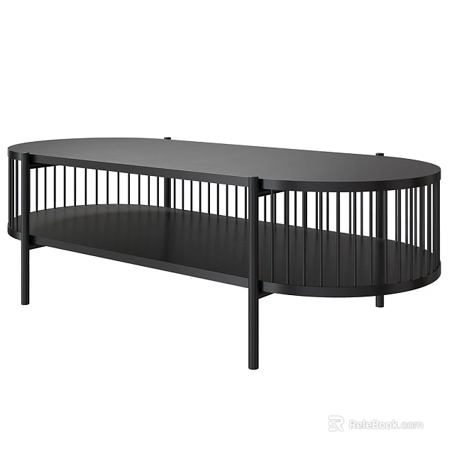 Black Modern Desk with Oval Top Open Shelf and Slatted Sides 3d model